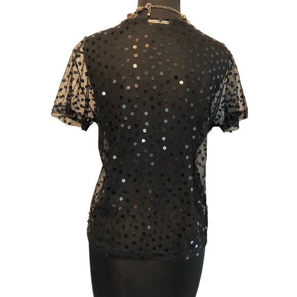 Cache Black Sheer Peek A Boo Mesh Sequin Encrusted Top Stretch Event Date - Picture 7 of 11